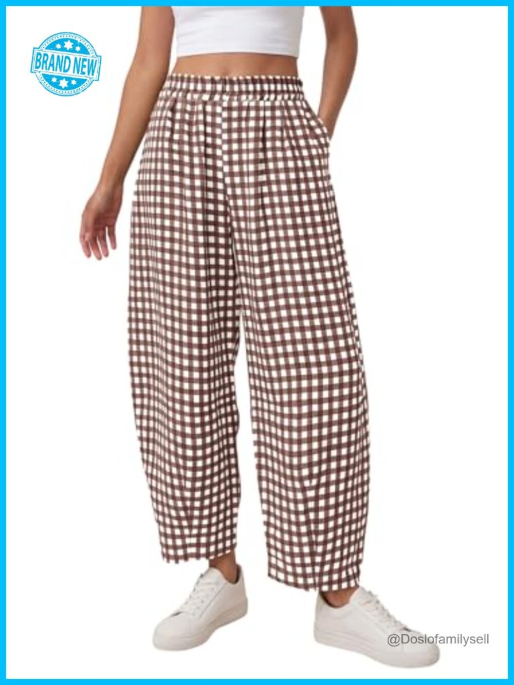 Women's Plaid Barrel Pants Pull On Elastic Waist Wide Leg Cropped